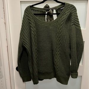 Army green, knit sweater with satin bow on back